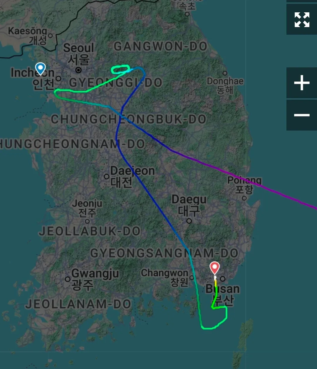 강풍으로 인한 항공편 영향을 보여주는 한국 지도