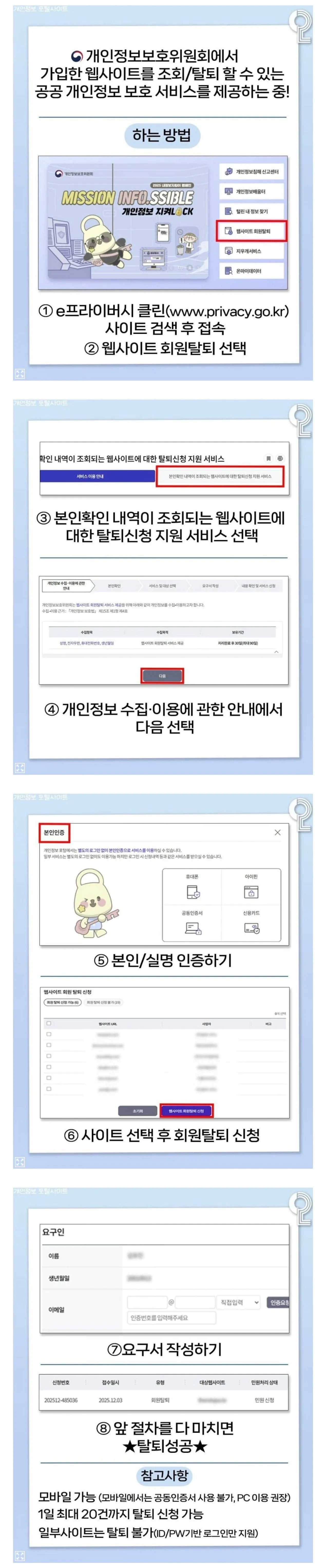 e프라이버시 클린 서비스로 웹사이트 회원탈퇴하는 8단계 방법 안내 인포그래픽