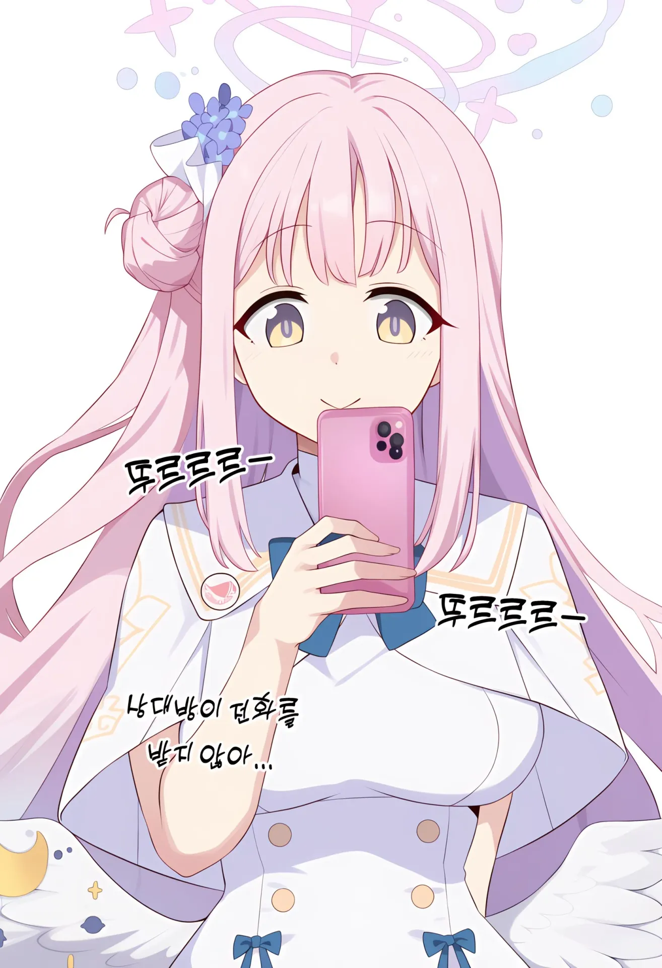 전화를 받지 않는 상대에게 계속 전화하는 티파티 캐릭터의 사랑해 게임 장면