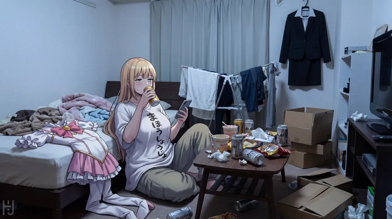 마법소녀 의상을 입은 34세 독신녀 캐릭터 일러스트