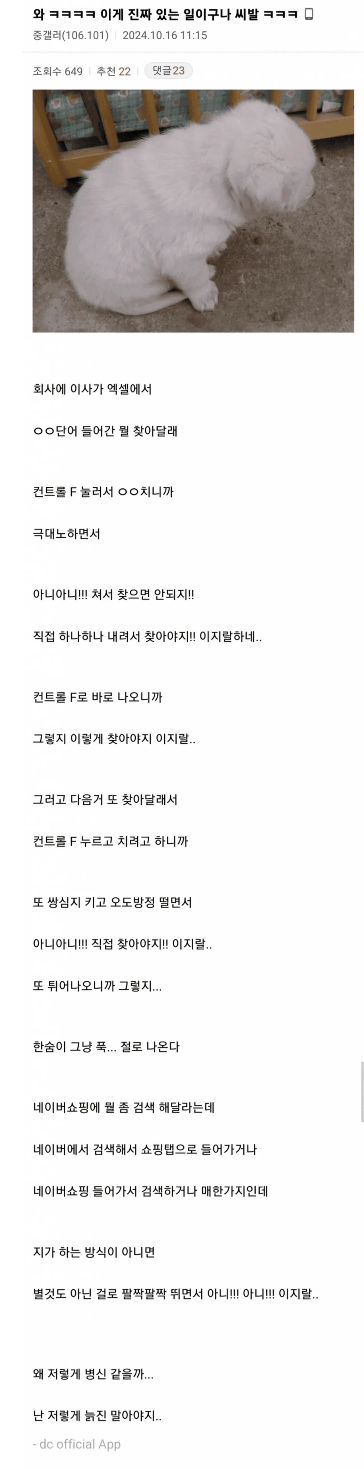 엑셀에서 Ctrl+F 검색 기능을 모르는 이사가 직접 찾으라고 화내는 회사 일화를 담은 커뮤니티 글