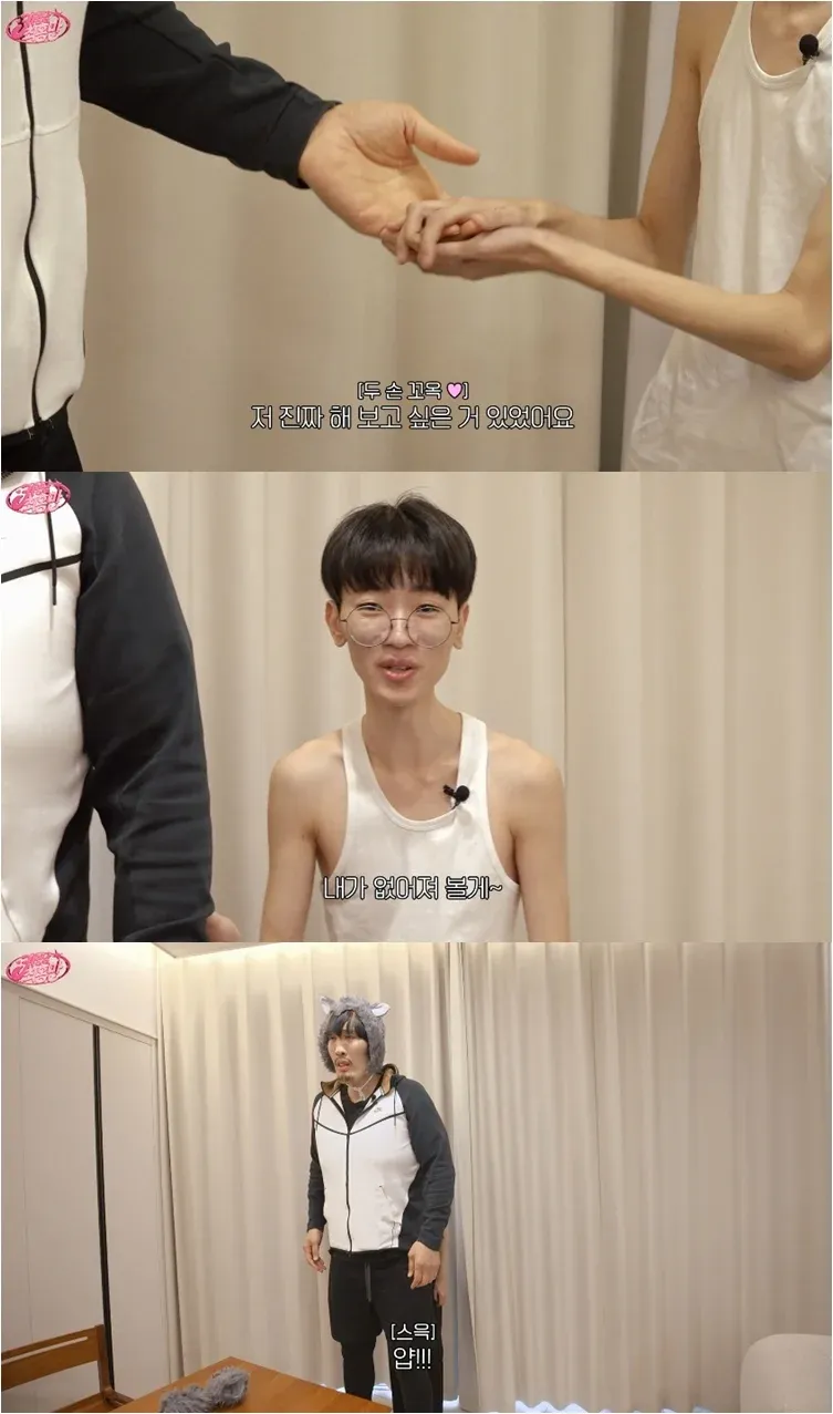 47kg 멸치남과 160kg 최홍만이 손을 맞잡고 피지컬 차이를 비교하는 장면