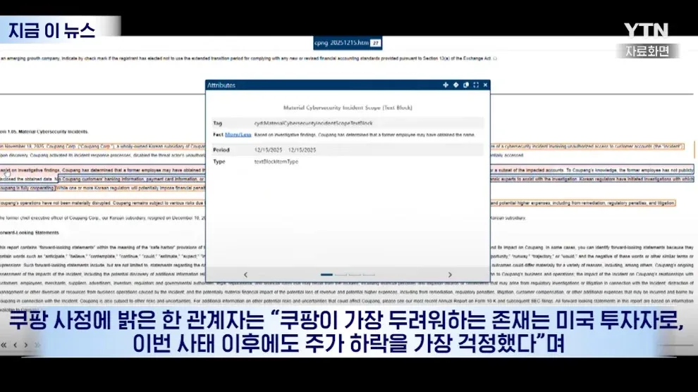 쿠팡이 미국 투자자와 주가 하락을 가장 두려워한다는 내용의 텍스트 이미지