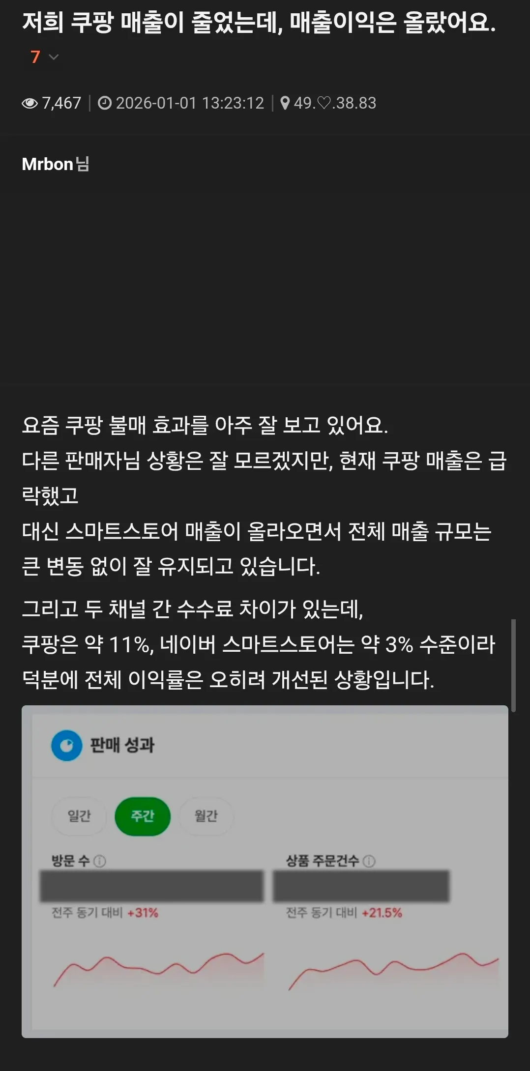 쿠팡 불매로 스마트스토어 매출 증가, 수수료 차이로 이익률 개선된 판매자 실적 캡처