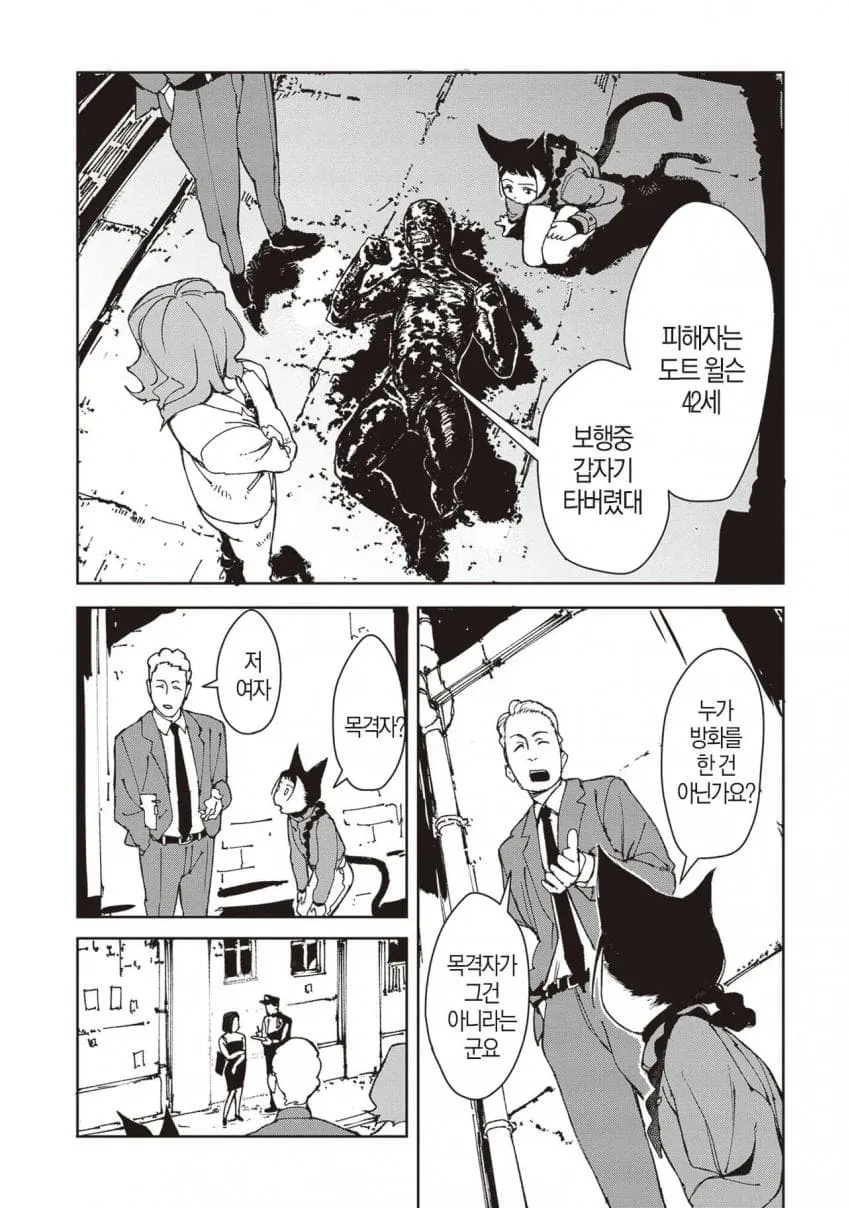 불을 옮기는 여우 만화 - 보행 중 갑자기 타버린 피해자와 목격자 대화 장면