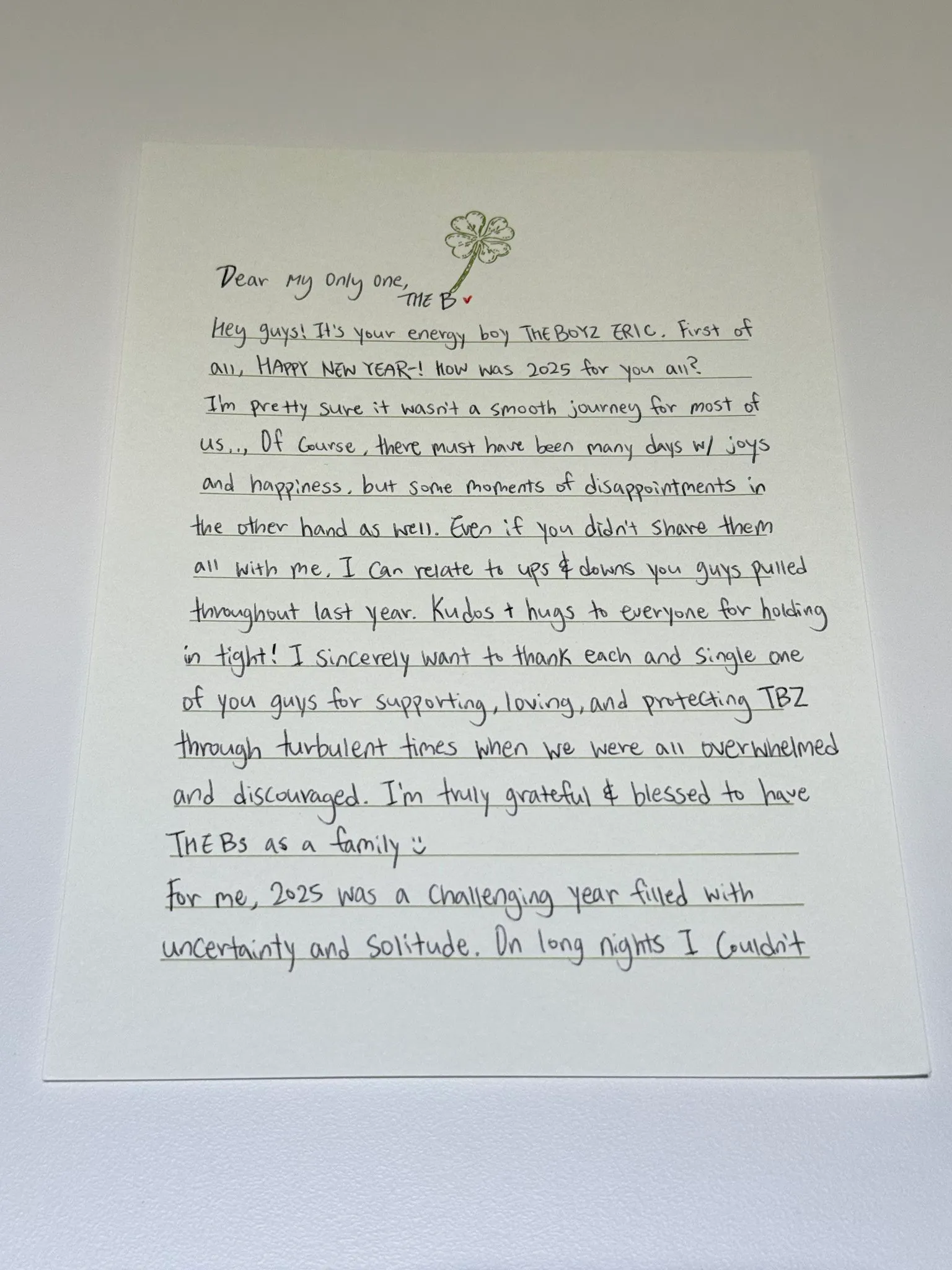 더보이즈 에릭이 팬들에게 쓴 영어 손편지, 2025년 새해 인사와 감사 메시지