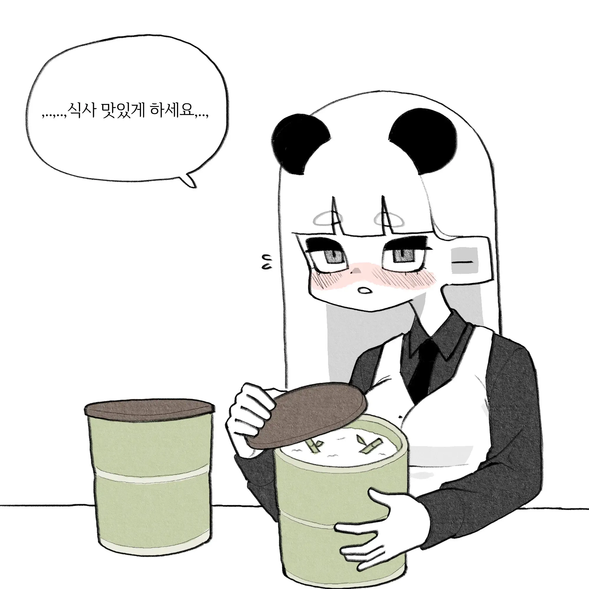 점심 식사를 함께 하며 "식사 맛있게 하세요"라고 말하는 판다 캐릭터 만화
