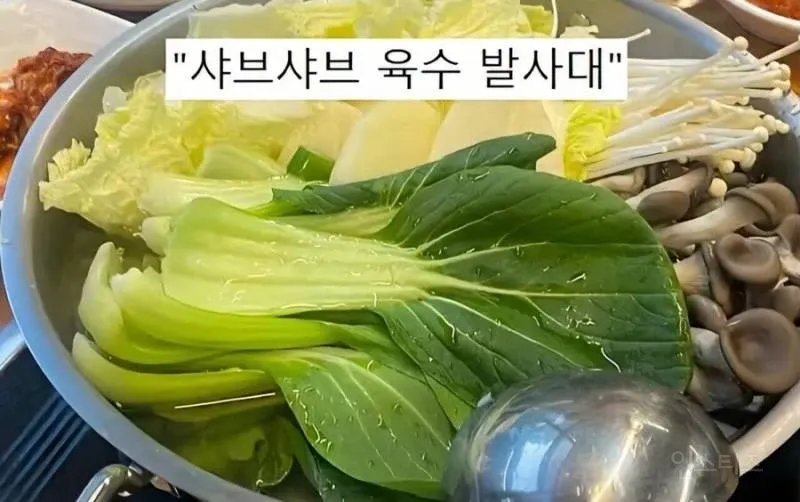 샤브샤브 육수에 발사대처럼 세워진 청경채 사진