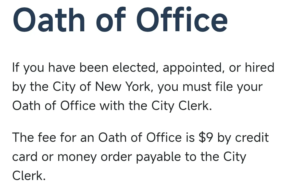 뉴욕시 공직 취임 선서 신청서 및 9달러 수수료 안내문