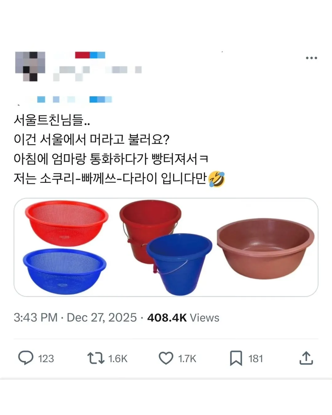 빨간 대야, 소쿠리, 양동이가 놓인 사진과 방언 질문 게시글