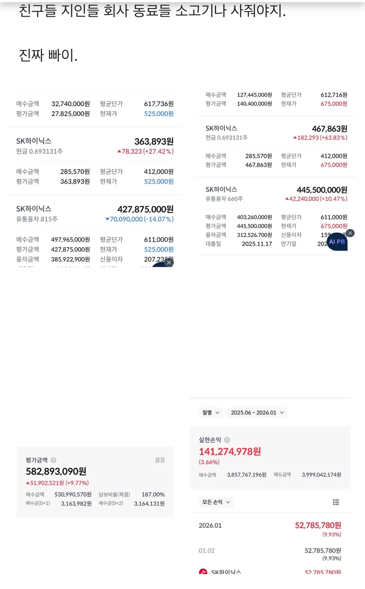 SK하이닉스 주식 5억8천만원 보유, 1억4천만원 수익 인증 캡처