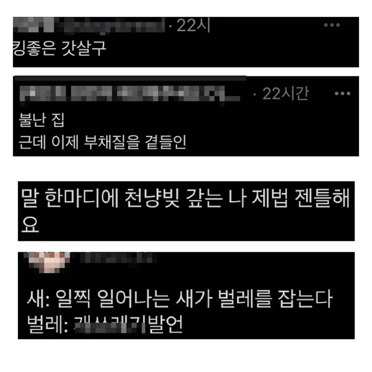 속담을 저속하게 변형한 텍스트가 나열된 유머 이미지