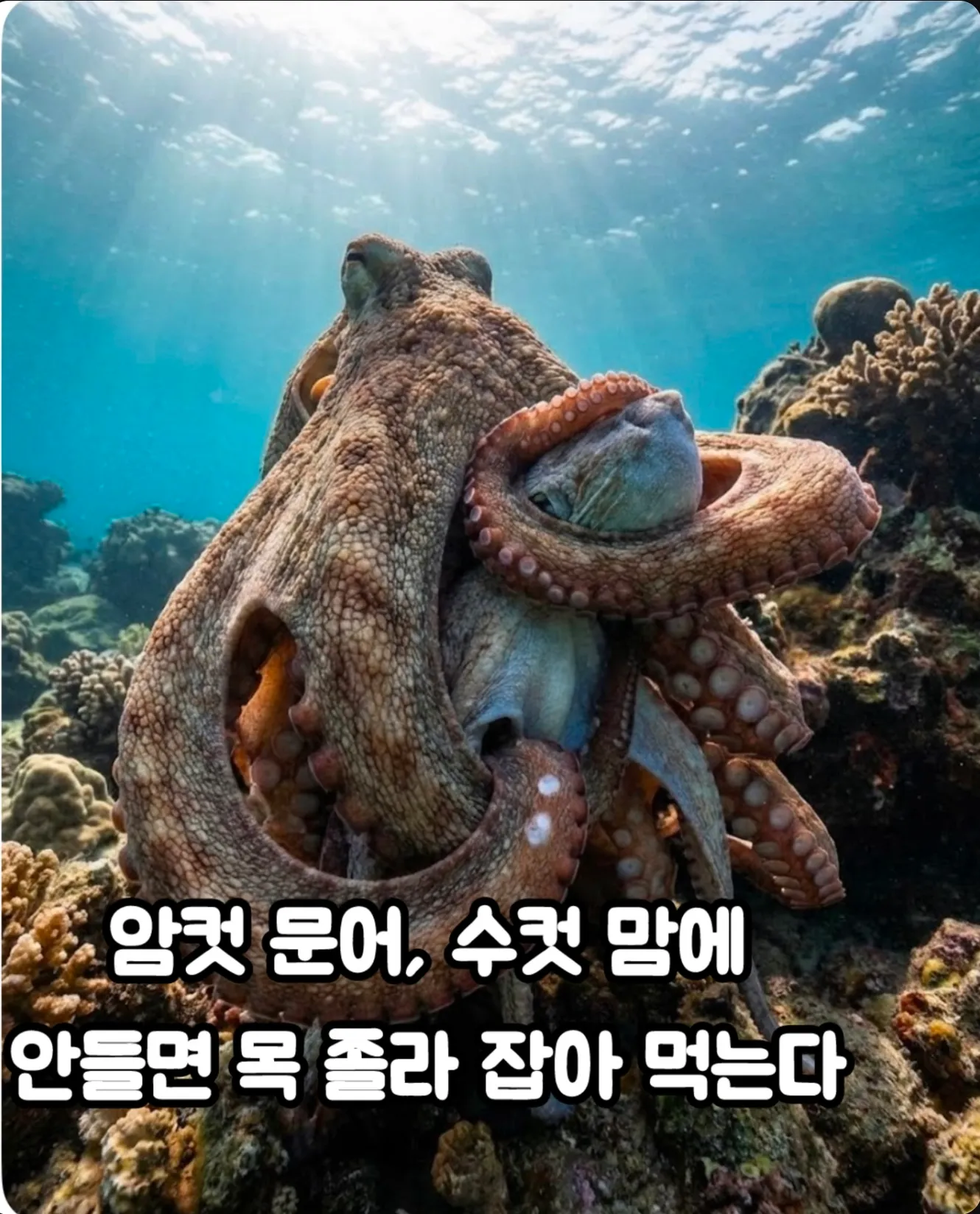 암컷 문어가 수컷을 목 졸라 잡아먹는다는 내용의 밈 이미지