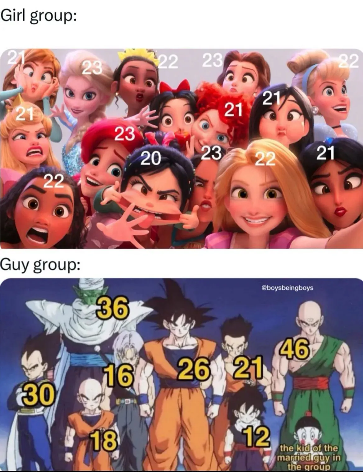 여자모임과 남자모임을 비교하는 밈, 남자모임에 기혼자 자녀가 등장