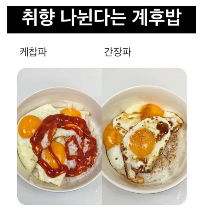 계란후라이밥에 케찹 vs 간장 취향 논쟁을 보여주는 이미지