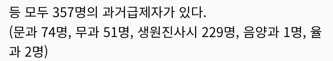 가문의 과거 급제자 357명 통계 (문과 74명, 무과 51명, 생원진사시 229명 등)