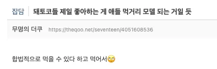 아이돌이 먹거리 모델 일에 대해 좋아하는 이유를 설명하는 텍스트 게시물