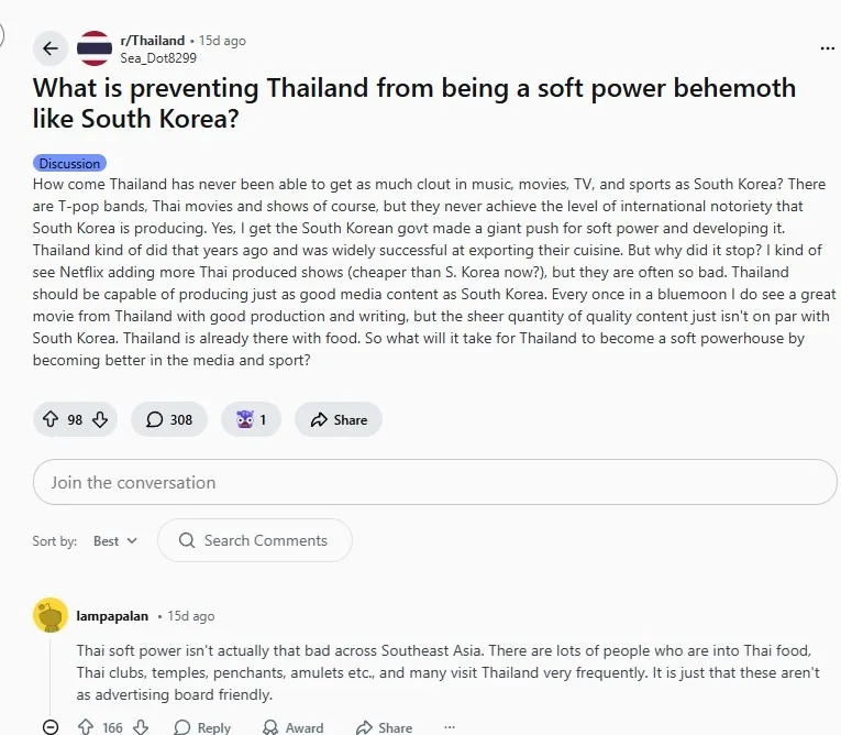 태국과 한국의 소프트파워 비교 질문 게시글 캡처