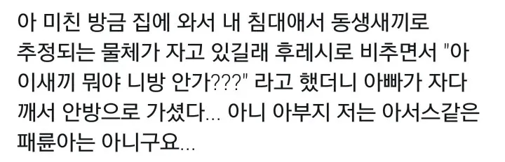 침대에서 자는 사람을 동생으로 착각해 후레시로 비췄더니 아버지였던 상황을 설명하는 텍스트