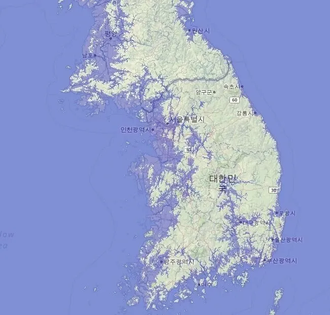 빙하가 녹았을 때 침수되는 한반도 지역을 표시한 지도