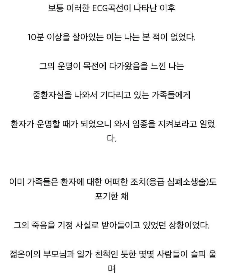 의사가 임종 직전 환자의 ECG 곡선을 보며 가족에게 알리는 장면을 담은 글