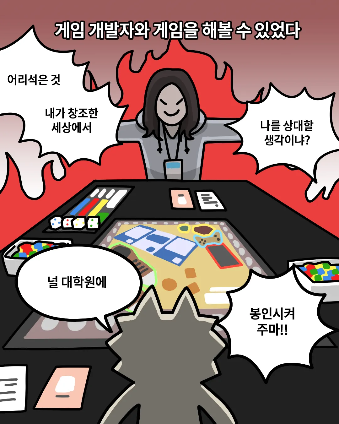 게임 개발자가 "대학원에 봉인시켜 주마!"라며 플레이어를 위협하는 만화 컷