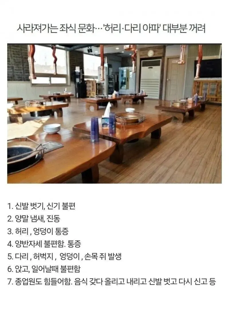 좌식 문화 기피 이유 7가지: 신발, 냄새, 허리통증, 양반자세, 쥐남, 불편함, 종업원 고충