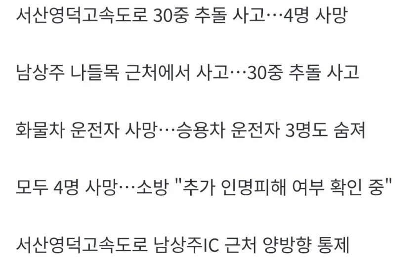 서산영덕고속도로 남상주IC 부근 30중 추돌 사고 현장, 4명 사망