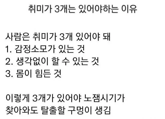 취미 3개가 필요한 이유: 감정소모, 생각없이 할 수 있는 것, 몸이 힘든 것