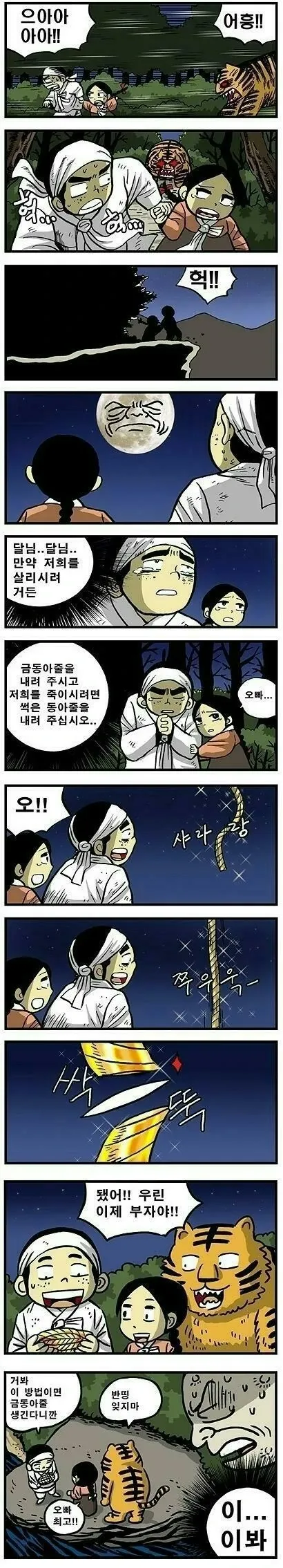 해님과 달님 패러디 만화, 호랑이에게 쫓기는 남매의 긴박한 장면