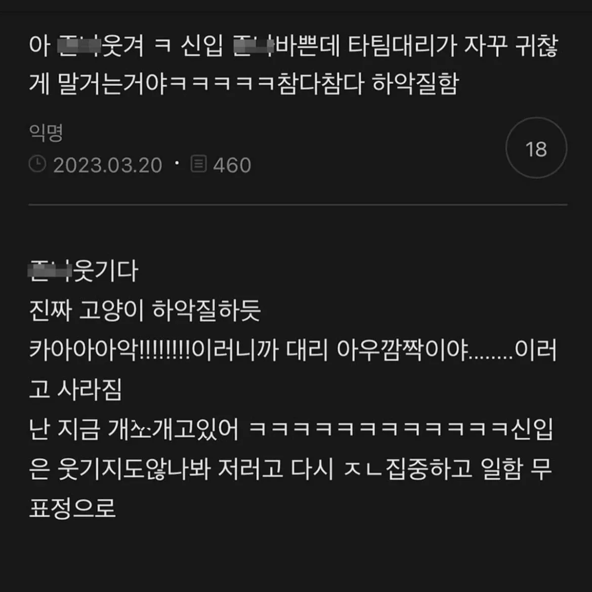 바쁜 신입이 귀찮게 하는 타팀 대리에게 고양이처럼 하악질한 직장 썰