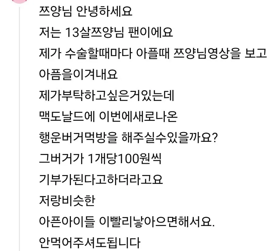 쯔양에게 행운버거 먹방을 부탁하는 13살 팬의 댓글 캡처