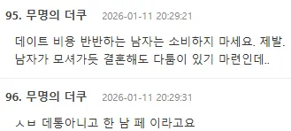 더쿠 커뮤니티 댓글 캡처. 데이트 비용 반반 남자 비판과 '한남폐' 언급 글