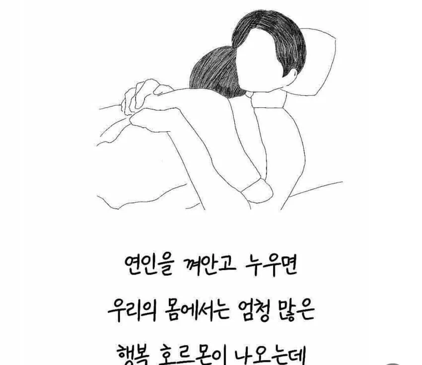 연인을 껴안고 누우면 행복 호르몬이 분비된다는 내용의 텍스트 이미지