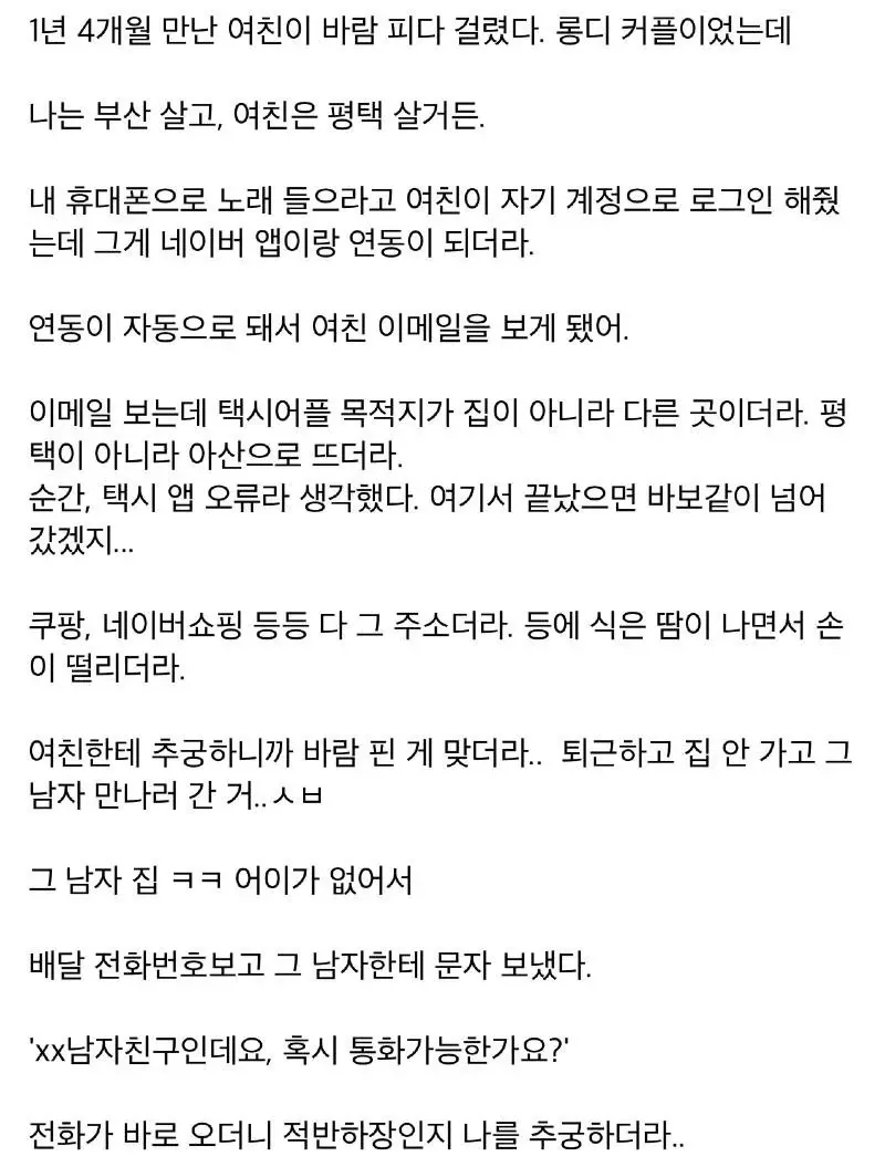 장문의 텍스트가 적힌 커뮤니티 게시글 캡처, 롱디 커플의 바람 발각 경험담