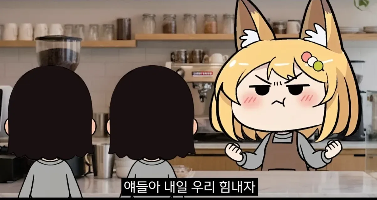 눈물 흘리는 애니메이션 캐릭터가 "얘들아 내일 우리 힘내자"라고 말하는 장면