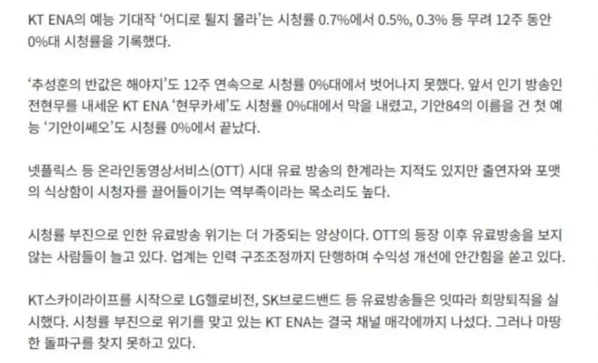 KT ENA 예능 프로그램들의 12주 연속 0%대 시청률 부진과 유료방송 위기를 다룬 기사