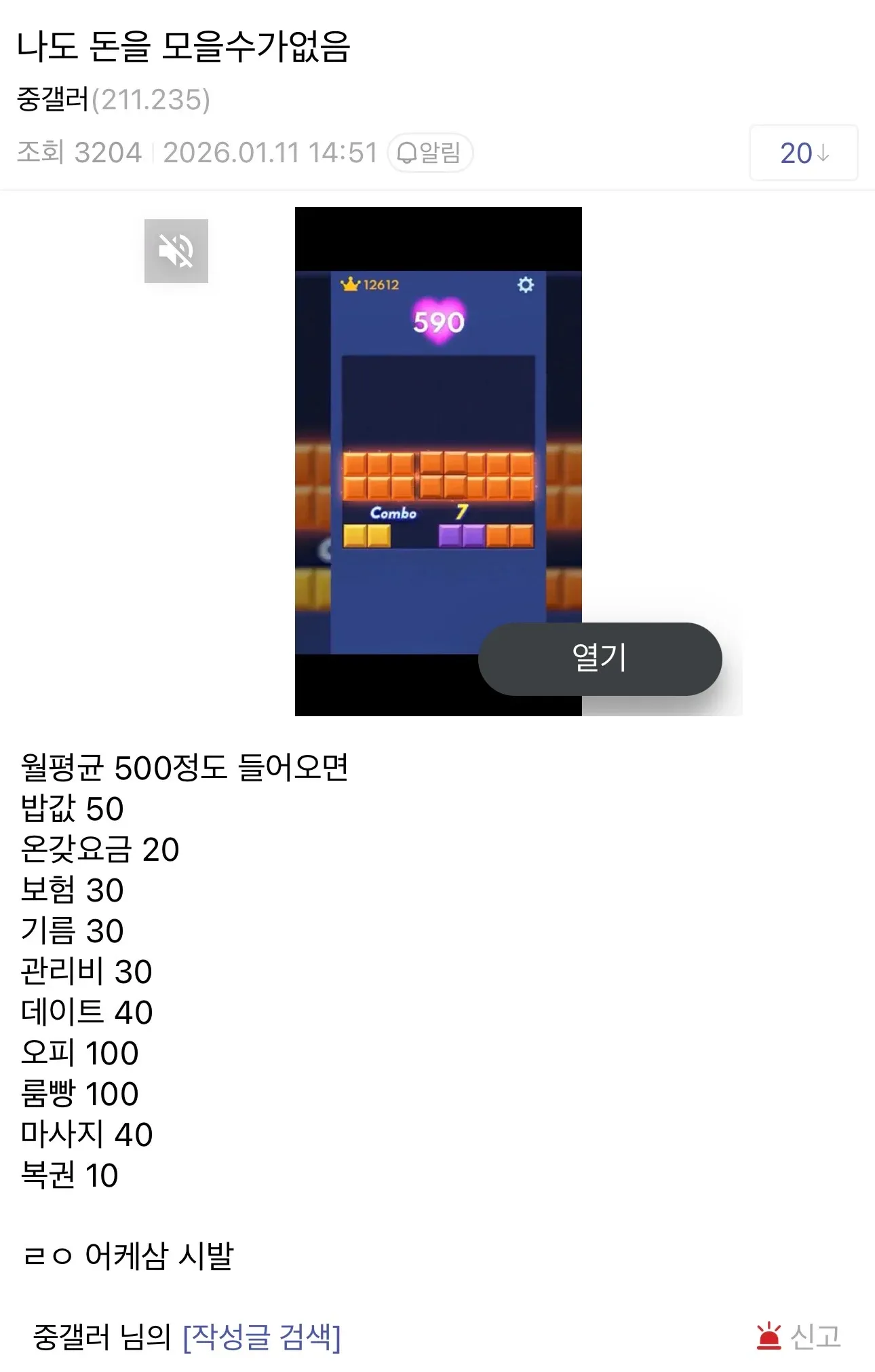 월급 500만원 지출 내역을 나열하며 저축 불가능을 한탄하는 익명 게시글 캡처