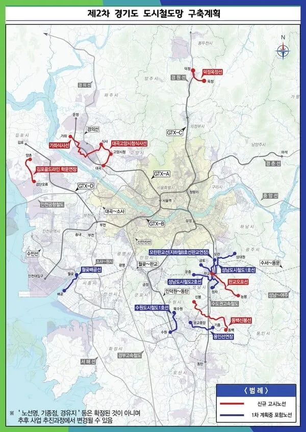 제2차 경기도 도시철도망 구축계획 노선도, 신규 및 기존 철도 노선 표시