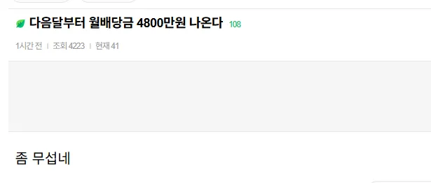 월배당금 4800만원 예정 게시글 캡처, 조회수 4223회
