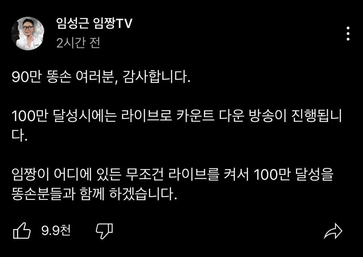 유튜버 임성근의 구독자 90만 감사 및 100만 달성 시 라이브 공약 댓글 캡처