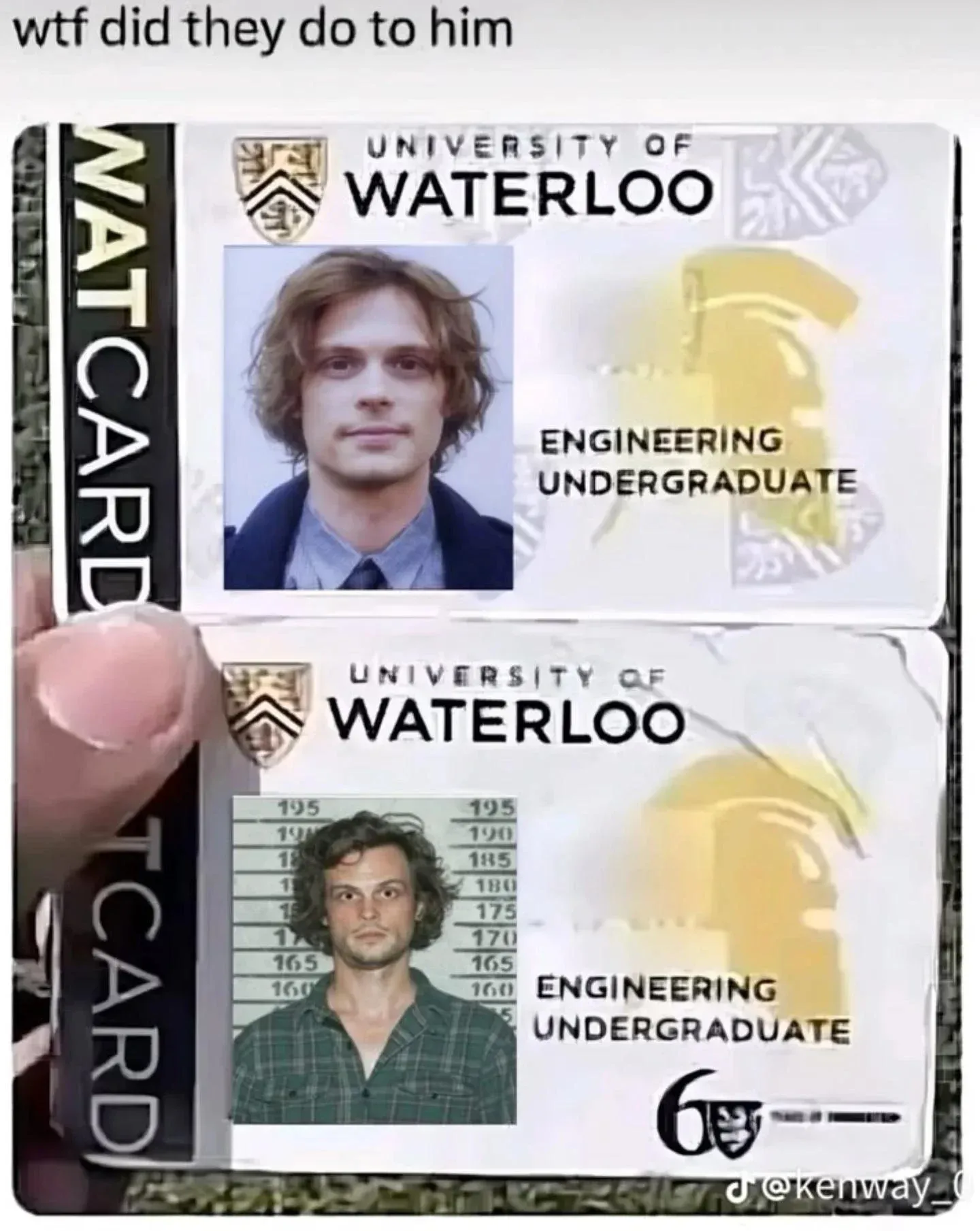 워털루 공대 1학년과 5학년 학생증 비교, 지친 표정 변화를 보여주는 밈