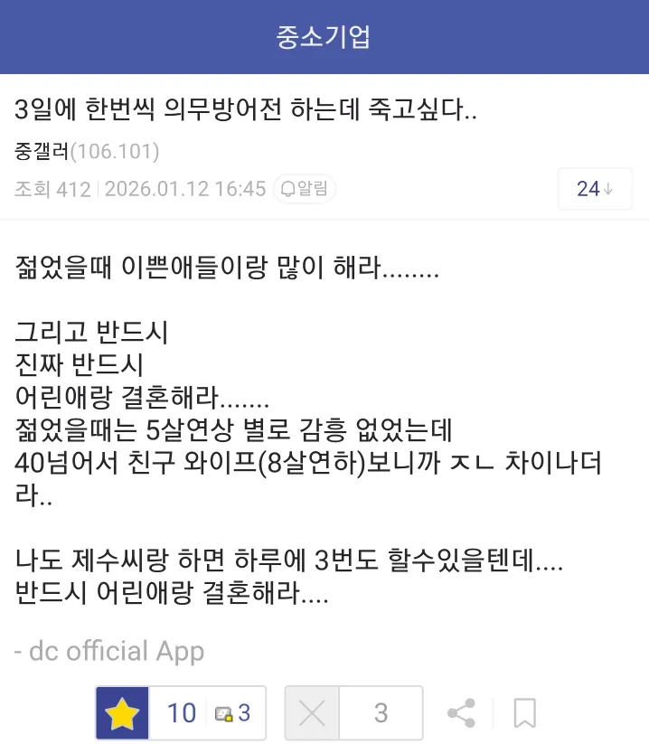 연상 배우자와의 성생활 불만을 토로하며 젊은 배우자를 권하는 디시인사이드 게시글 캡처