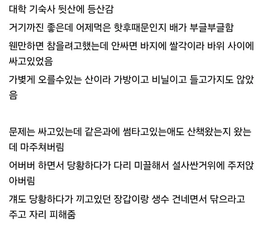 등산 중 급한 상황에서 썸 상대와 마주친 당혹스러운 순간을 묘사한 텍스트 게시물