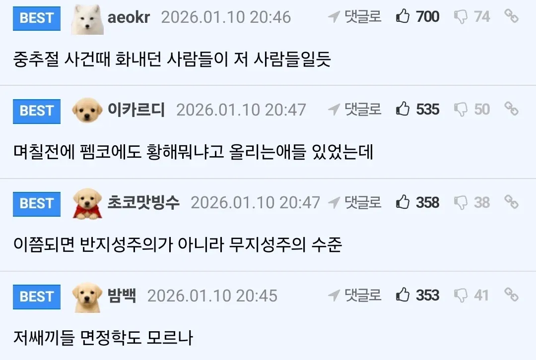 펨코 커뮤니티 황해 논란 관련 댓글 스크린샷