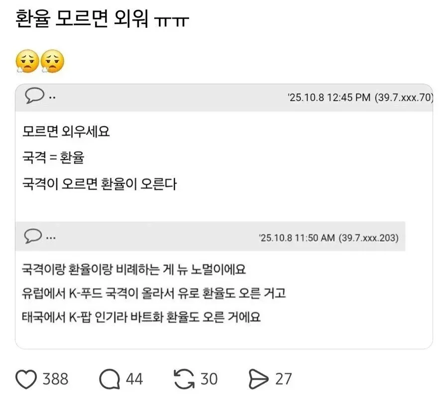 국격과 환율이 비례한다는 잘못된 경제 주장을 담은 텍스트 이미지