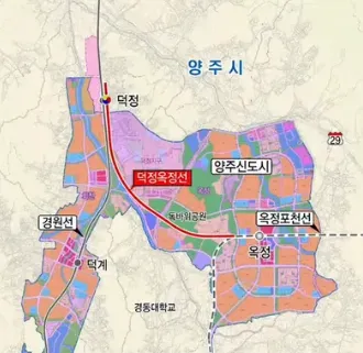 양주시 철도 노선도: 덕정옥정선, 옥정포천선, 경원선이 덕정, 덕계, 옥정, 경동대학교역을 연결