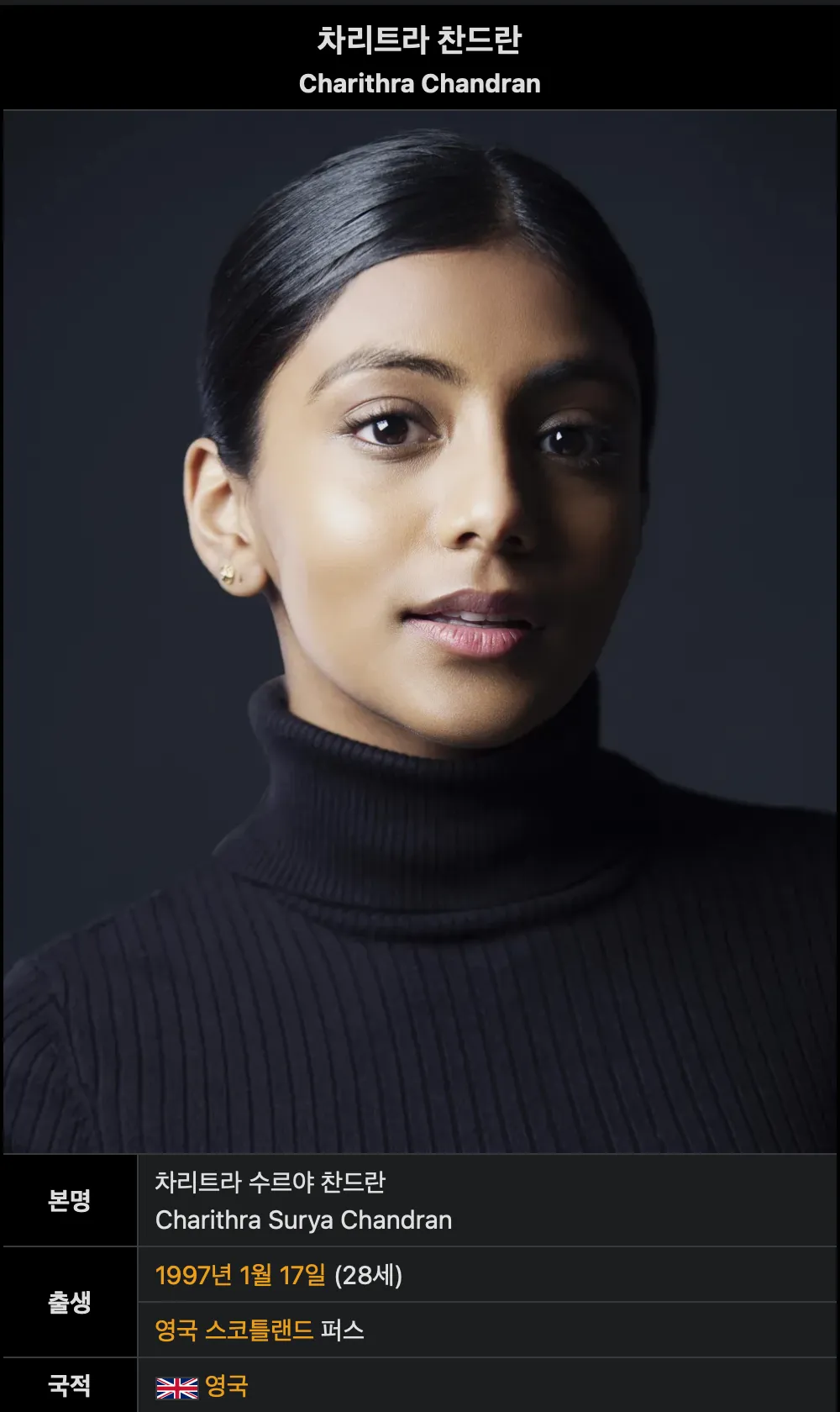 배우 차리트라 찬드란의 인물 정보 프로필 캡처 화면