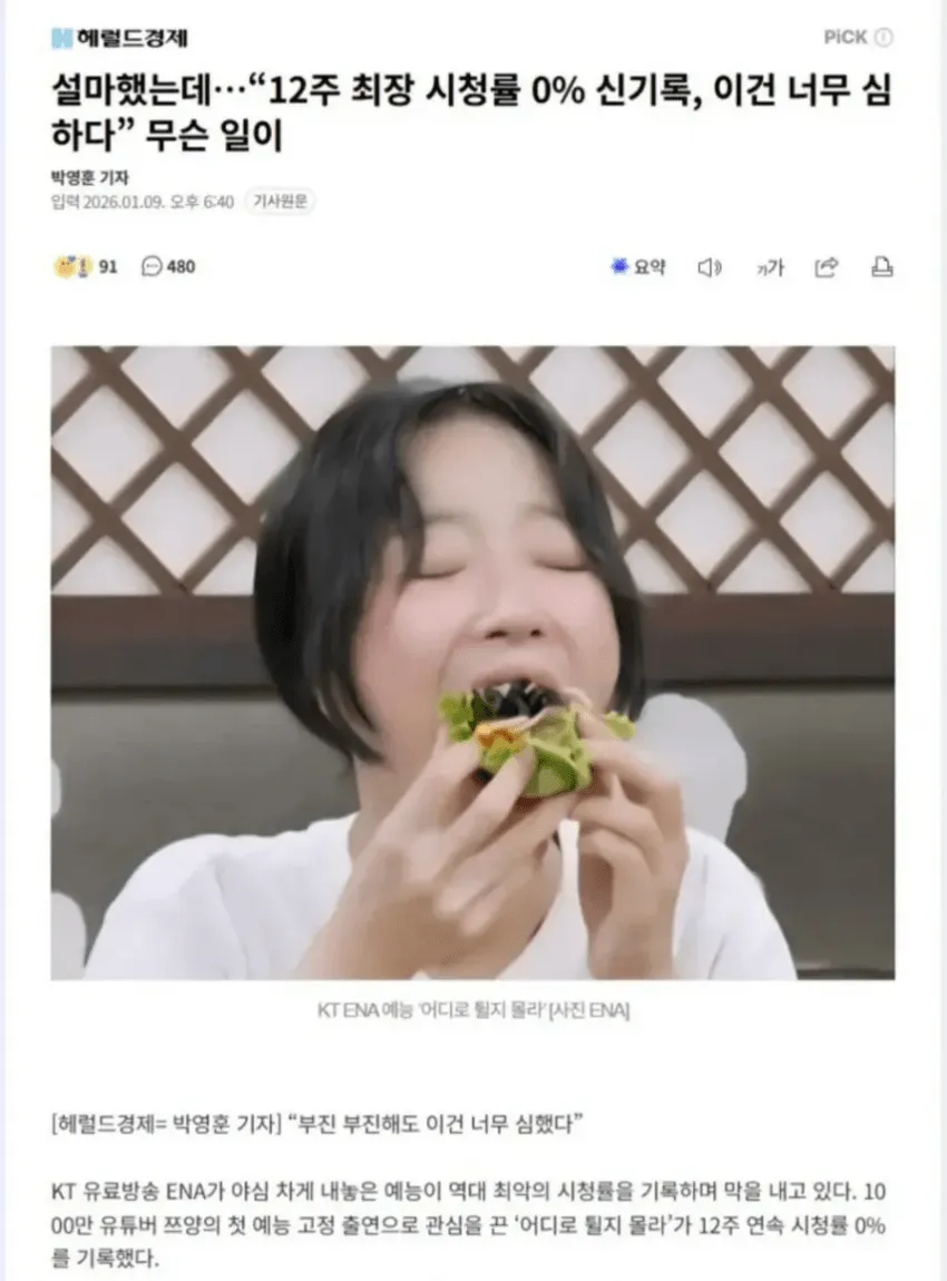 ENA 예능 '어디로 튈지 몰라' 12주 연속 시청률 0% 기록 뉴스 기사 화면