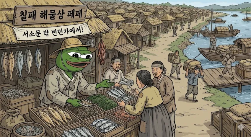 조선시대 칠패시장 해물상 페페가 서소문 밖 빈민가에서 장사하는 모습을 그린 일러스트